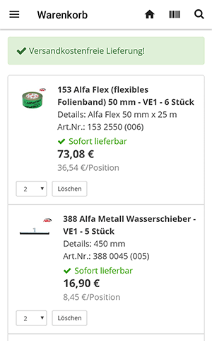 Screenshot Warenkorb