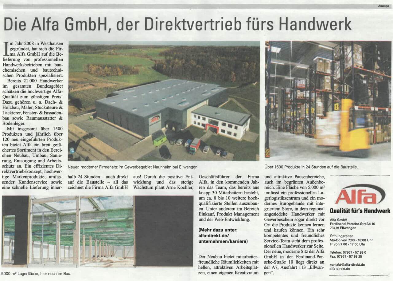 Zeitungsartikel über die Alfa GmbH in der Wirtschaft Regional