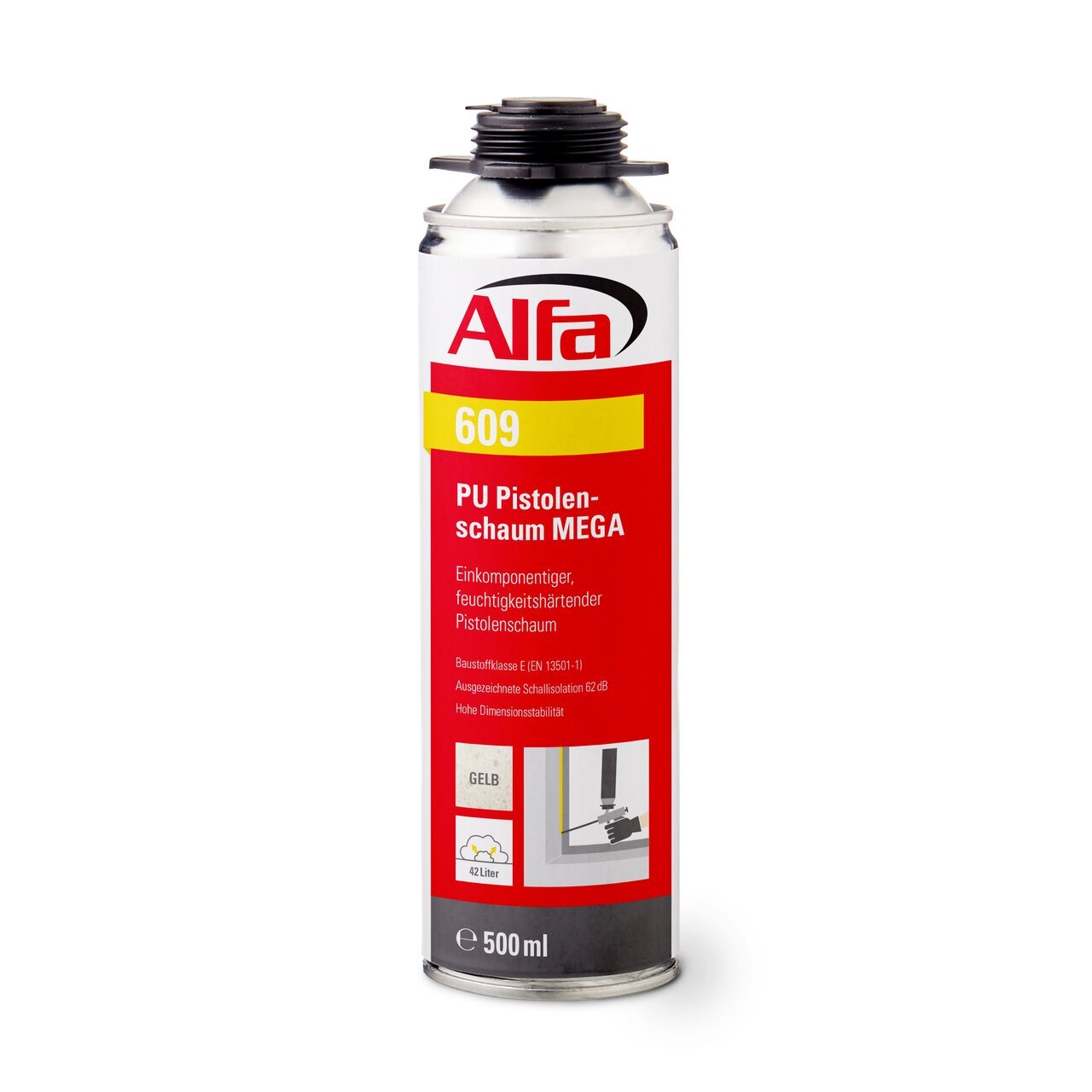 36 x Alfa PU Pistolenschaum MEGA (1K) 500 ml | Farbe: betongrau | Kleine, handliche Dose mit großer Ausbeute (ca. 42 l) | Bauschaum PU-Schaum