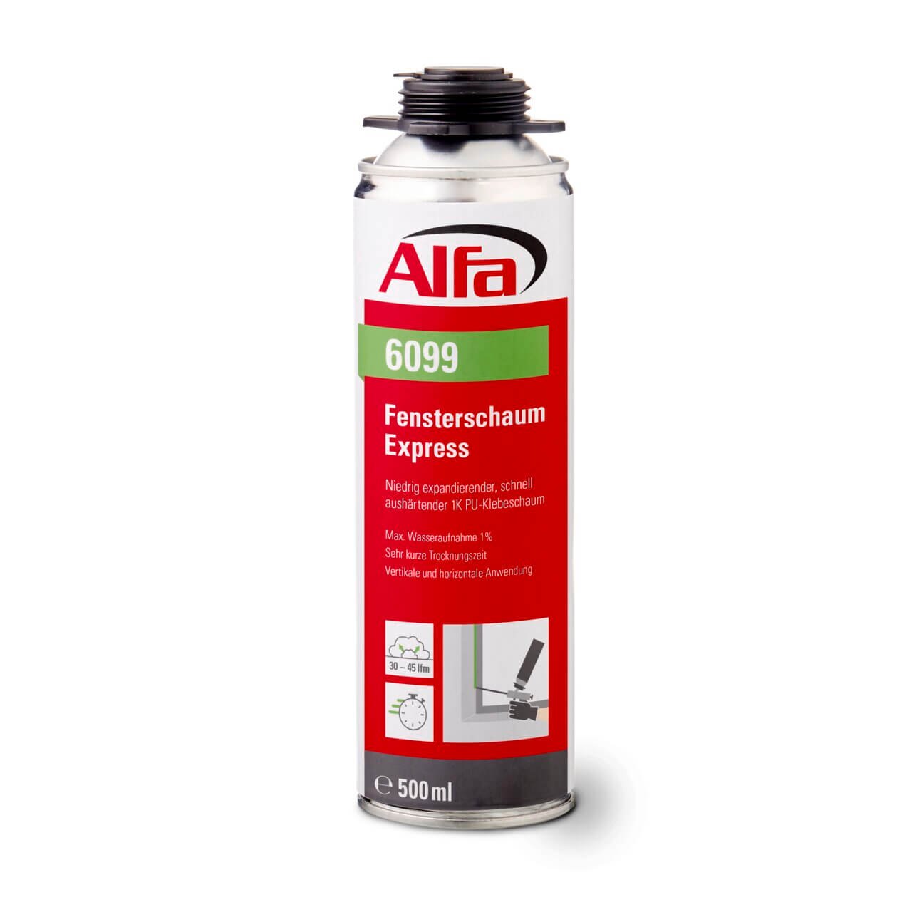 1 x Alfa Fensterschaum Express 500 ml | Niedrig expandierender, schnell aushärtender 1K PU-Klebeschaum | PU-Schaum Fensteranschlussband Montageschaum