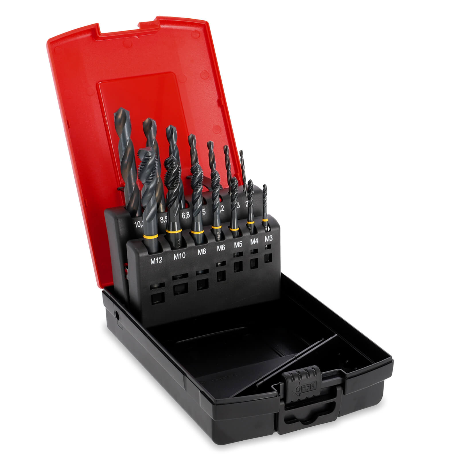 1 x Alfa HSS-Gewindebohrer Form C Kassette für Kernloch M3-M12 | 14-teilig | für die Bearbeitung von Stahl und Stahlguss | ideal zum Schneiden des 