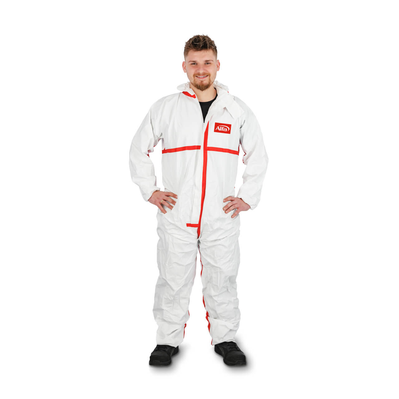 1 x Alfa Schutzoverall Typ 4 / 5 / 6 XL | Mit abklebbarem Reißverschluss und Kapuze | Schutz vor Chemikalien und Flüssigkeiten | Mikroporöses