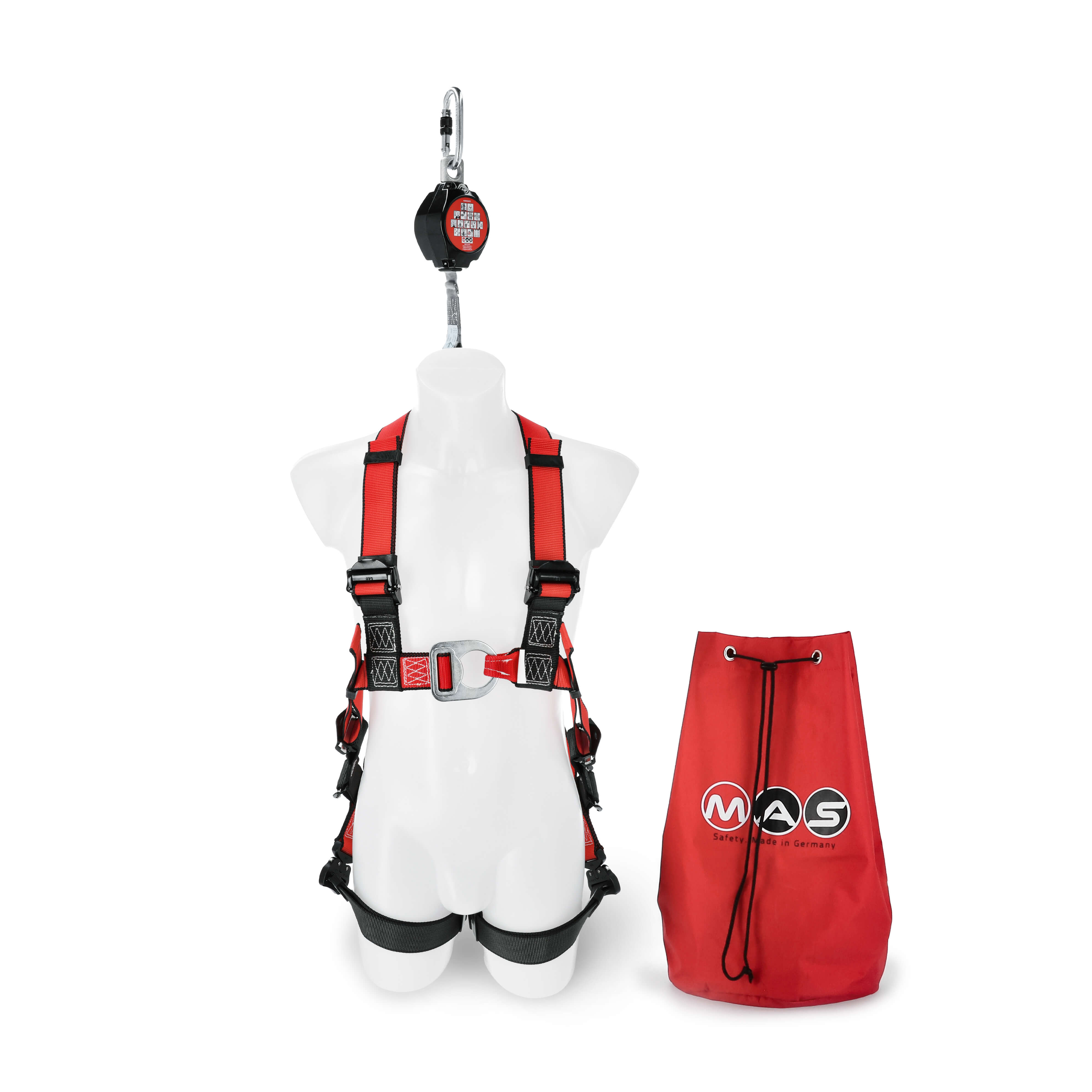 1 x MAS Hubarbeitsbühnen Set mit 1,8 m langem Höhensicherungsgerät | Mit Alukarabinerhaken | zur Sicherung bei Arbeiten auf Hubarbeitsbühnen