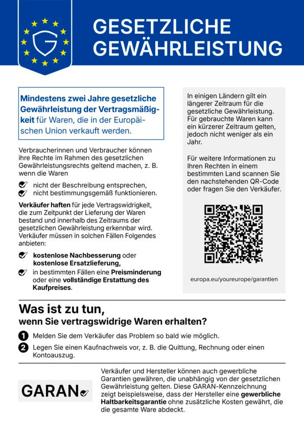 EU-Gewährleistungslabel: Übersicht der gesetzlichen Mängelrechte bei Kauf von Neu- und Gebrauchtware